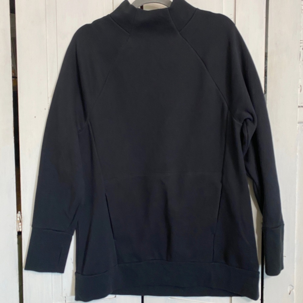 Black Half Zip Pullover Mock Neck XLong Sweatshirt Super Soft Thumbholes Women L